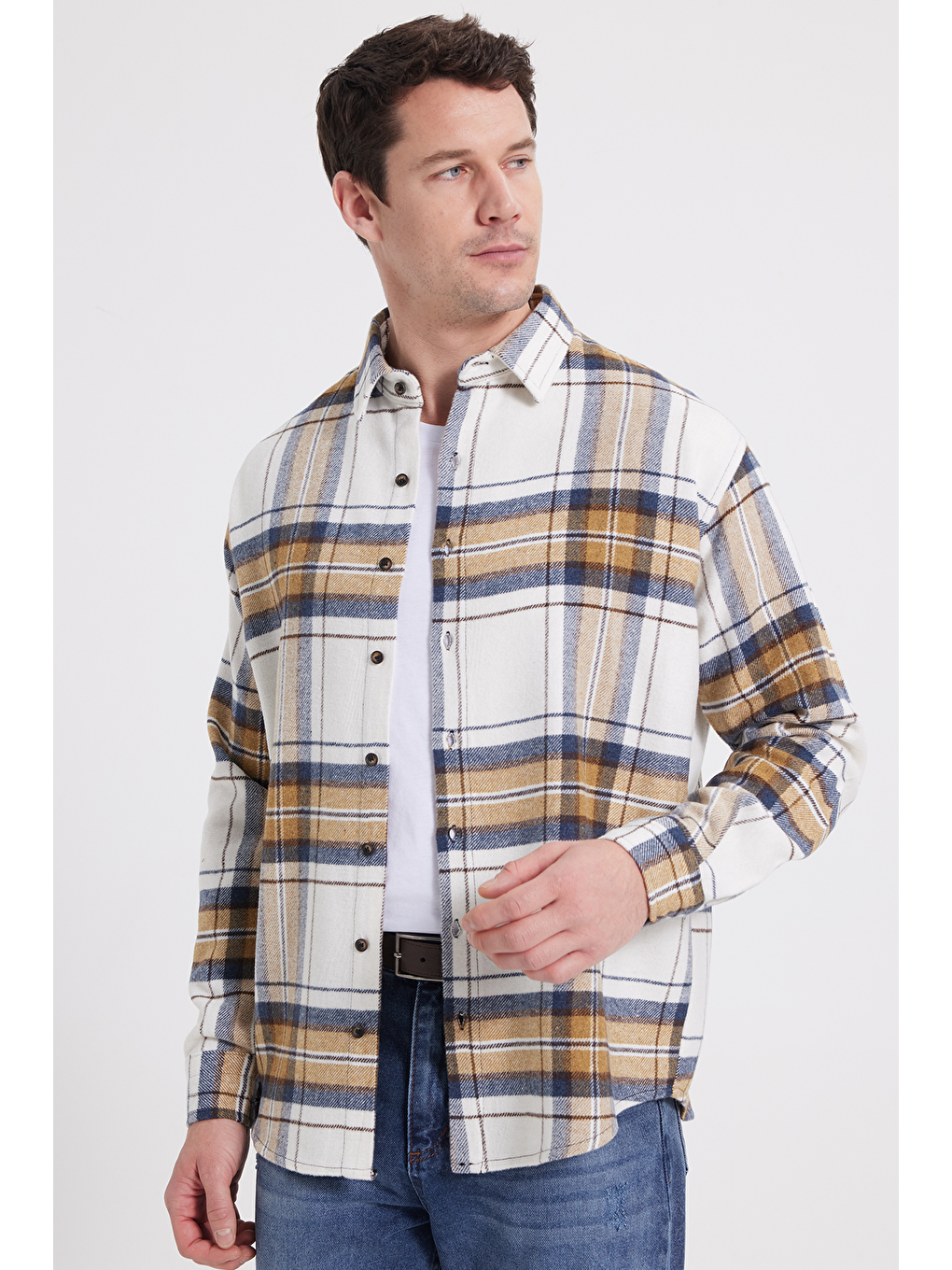 Ekru Erkek Relax Fit Rahat Kesim Kışlık Kareli Oduncu Gömlek