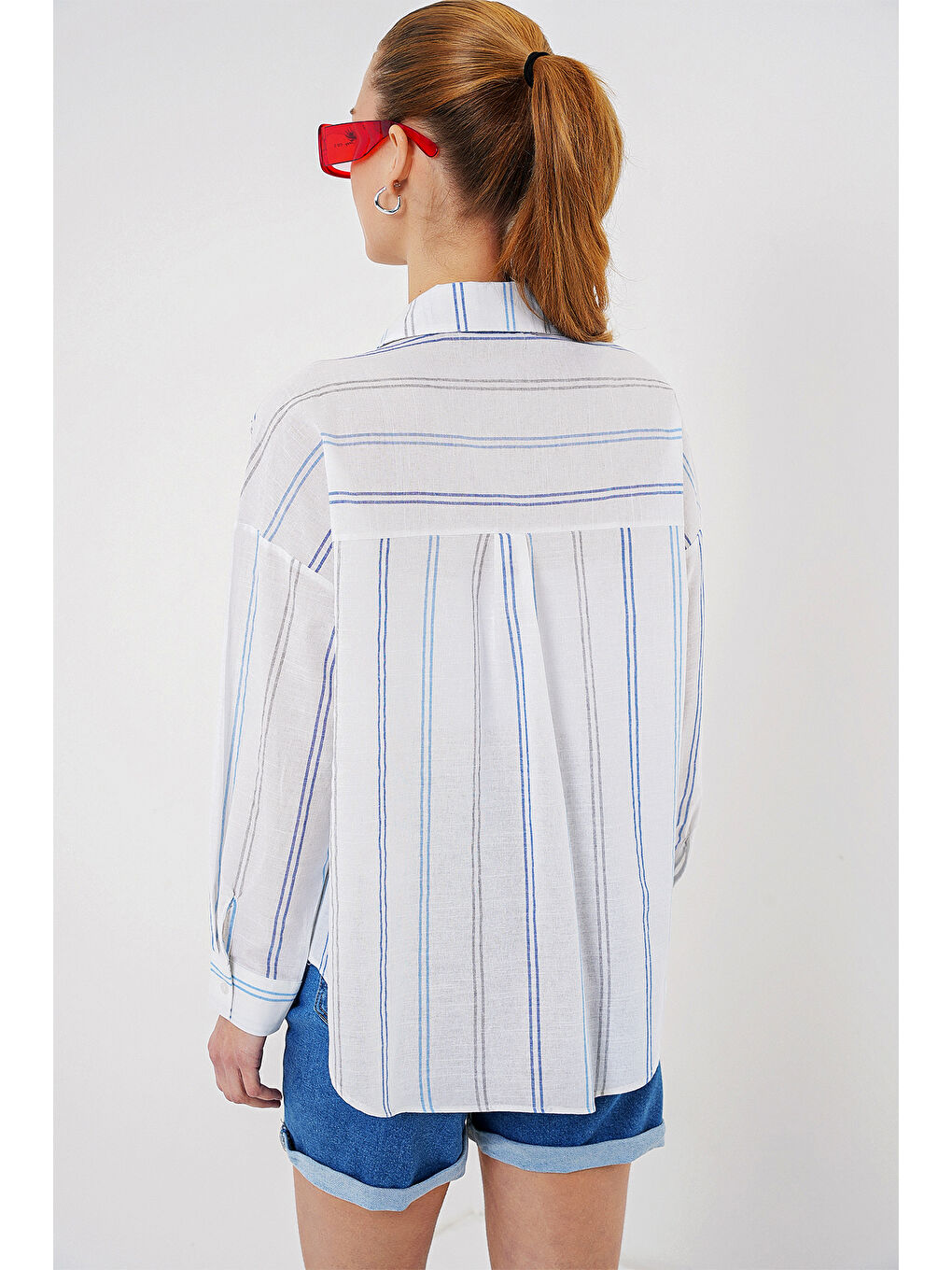 Kadın Çizgili Oversize Gömlek 20278 - Beyaz-5