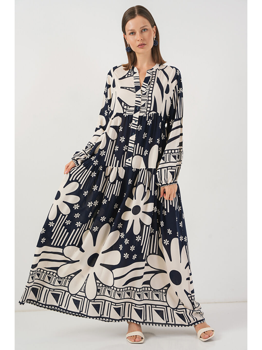 Kadın Desenli Uzun Tesettür Elbise 2585 - L. Lacivert