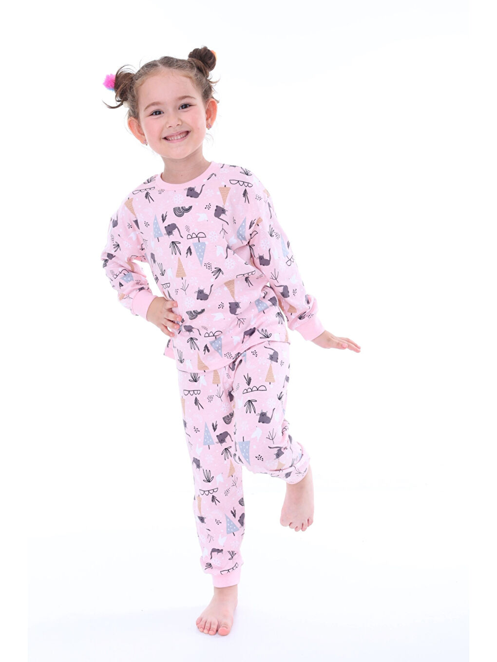 Myhanne Pudra Pembe Kedi Desenli Kız Çocuk Pijama Takımı 31212 - 2