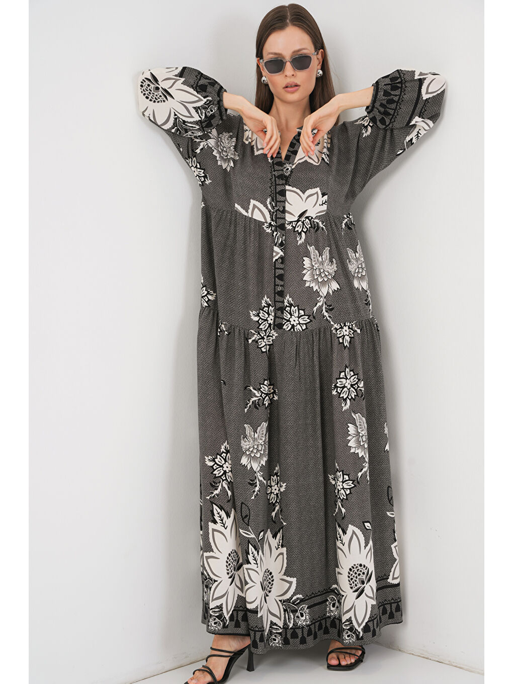 Kadın Desenli Uzun Tesettür Elbise 2585 - Antrasit-2