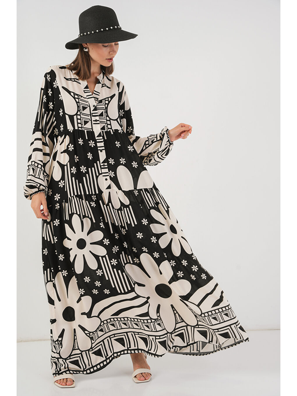 Kadın Desenli Uzun Tesettür Elbise 2585 - D. Siyah-3