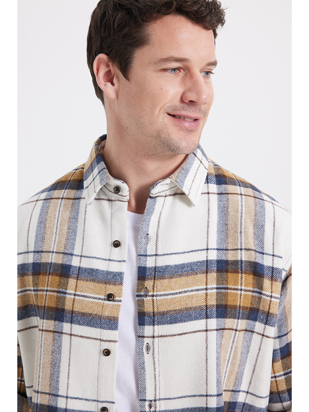 Ekru Erkek Relax Fit Rahat Kesim Kışlık Kareli Oduncu Gömlek-2