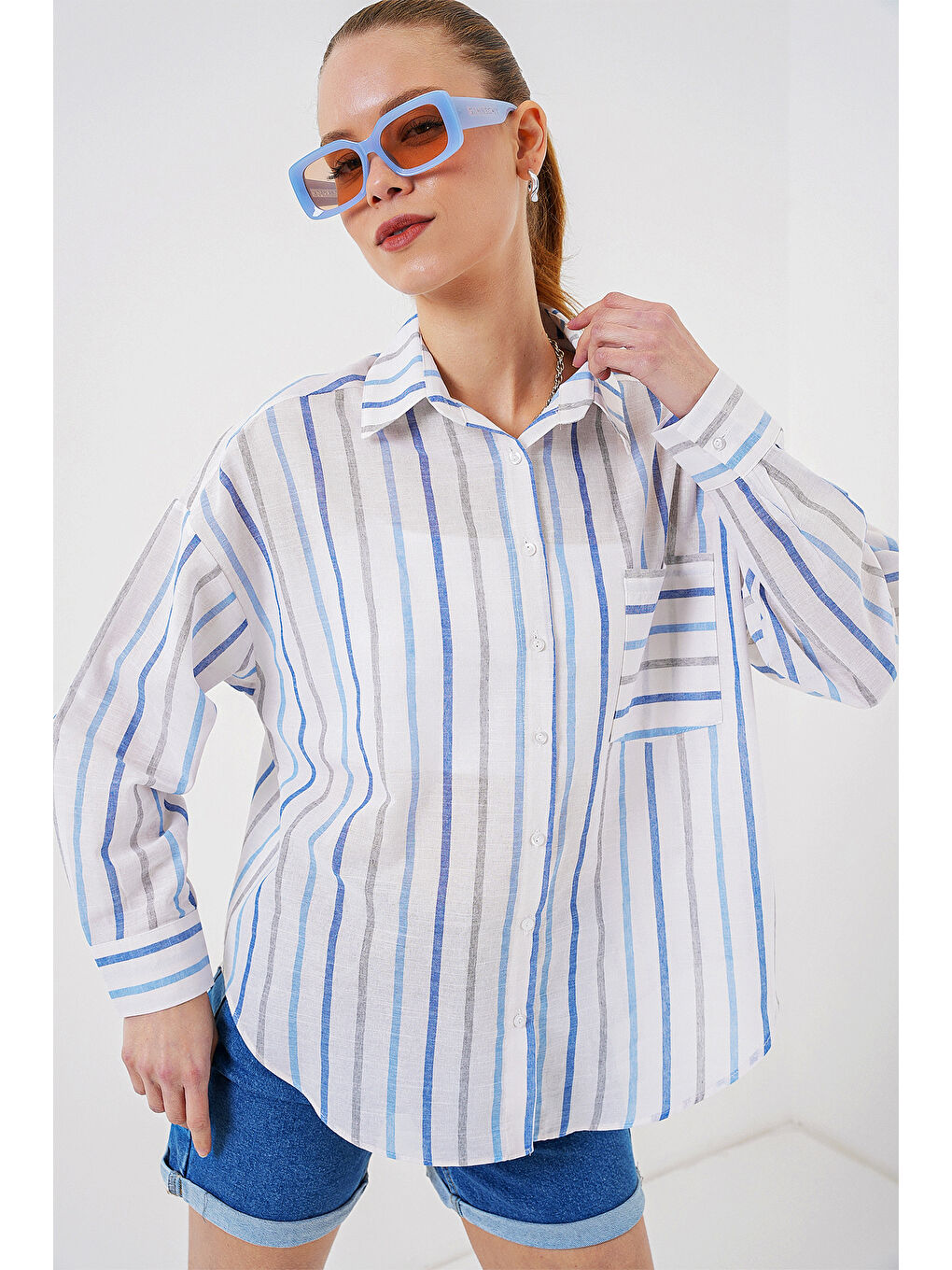 Kadın Çizgili Oversize Gömlek 20278 - Mavi-2