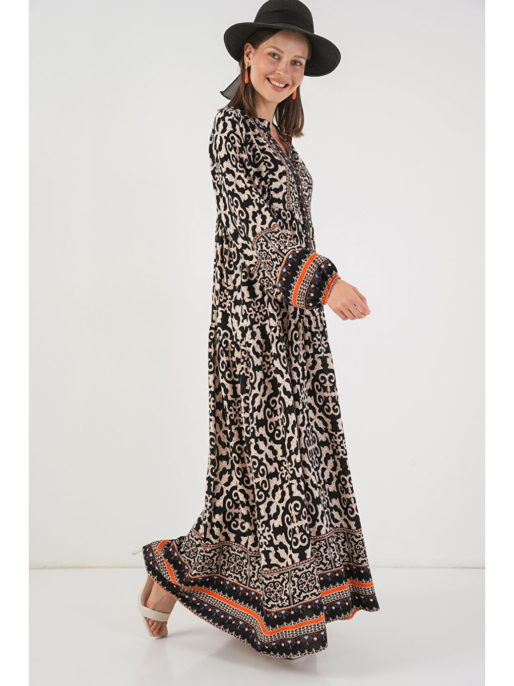 Kadın Desenli Uzun Tesettür Elbise 2585 - C.Siyah-2