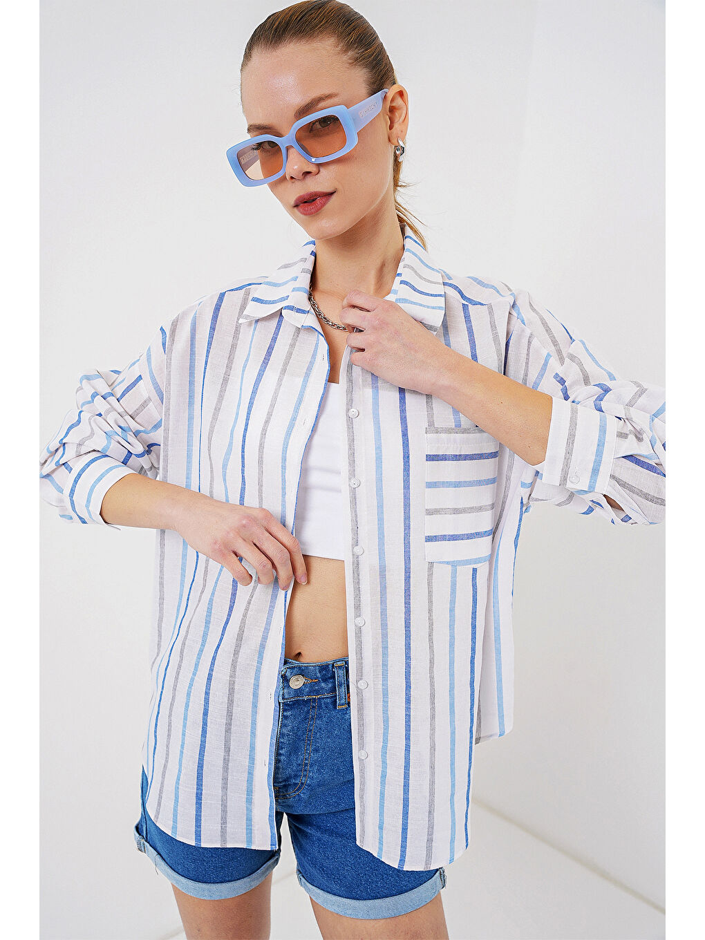 Kadın Çizgili Oversize Gömlek 20278 - Mavi-3