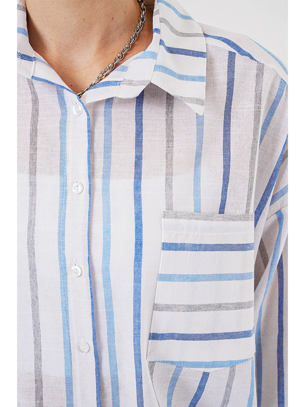 Kadın Çizgili Oversize Gömlek 20278 - Mavi-4