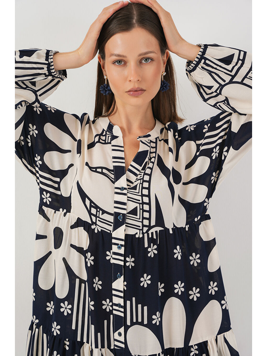 Kadın Desenli Uzun Tesettür Elbise 2585 - L. Lacivert-1