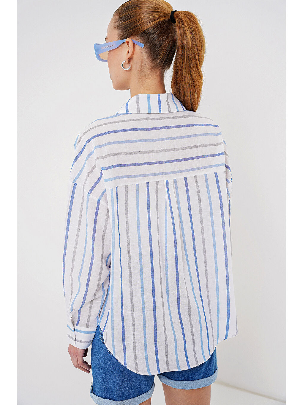 Kadın Çizgili Oversize Gömlek 20278 - Mavi-5