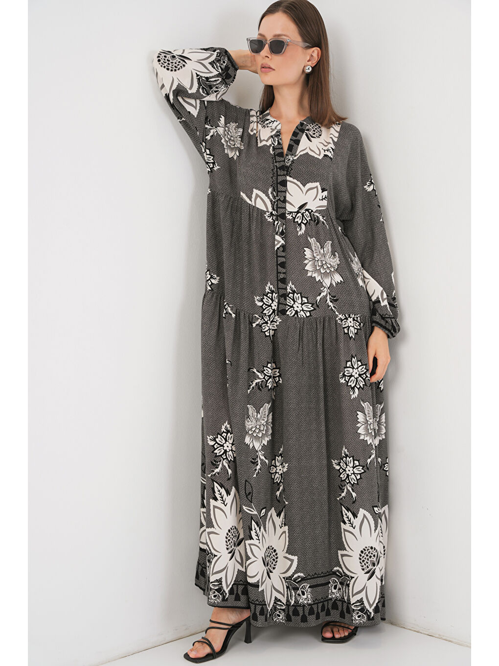 Kadın Desenli Uzun Tesettür Elbise 2585 - Antrasit-3