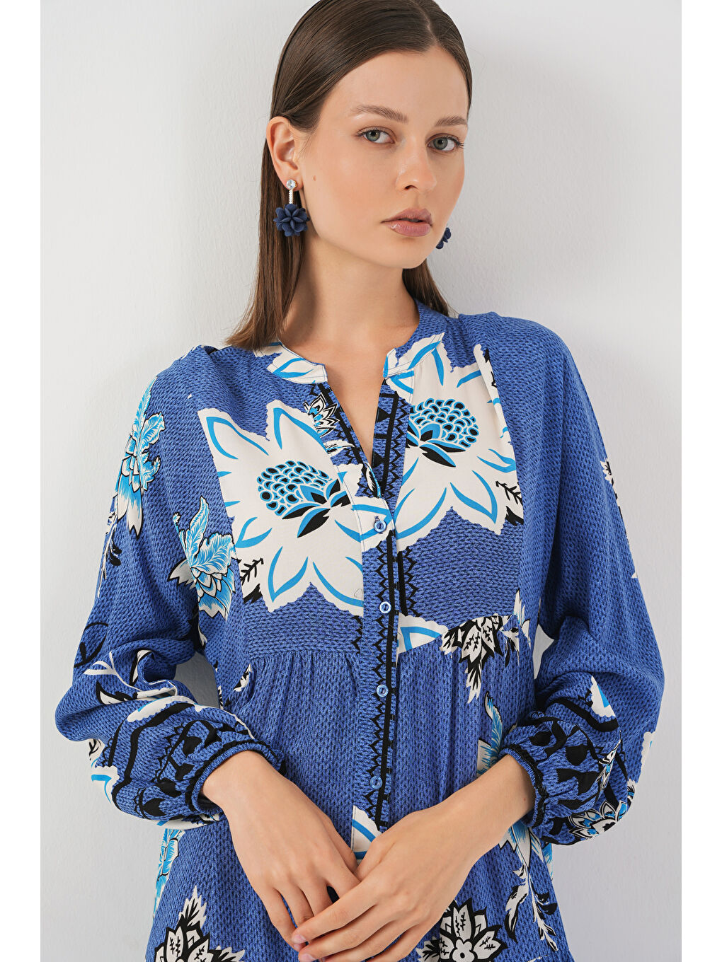 Bej Kadın Desenli Uzun Tesettür Elbise 2585 - B.Mavi-1