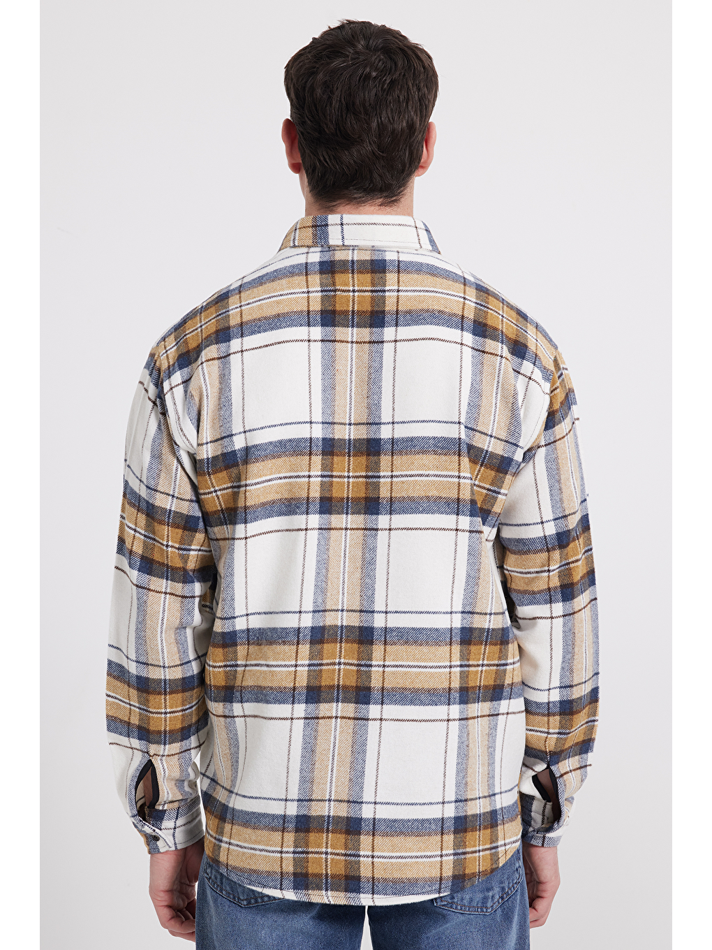 Ekru Erkek Relax Fit Rahat Kesim Kışlık Kareli Oduncu Gömlek-5