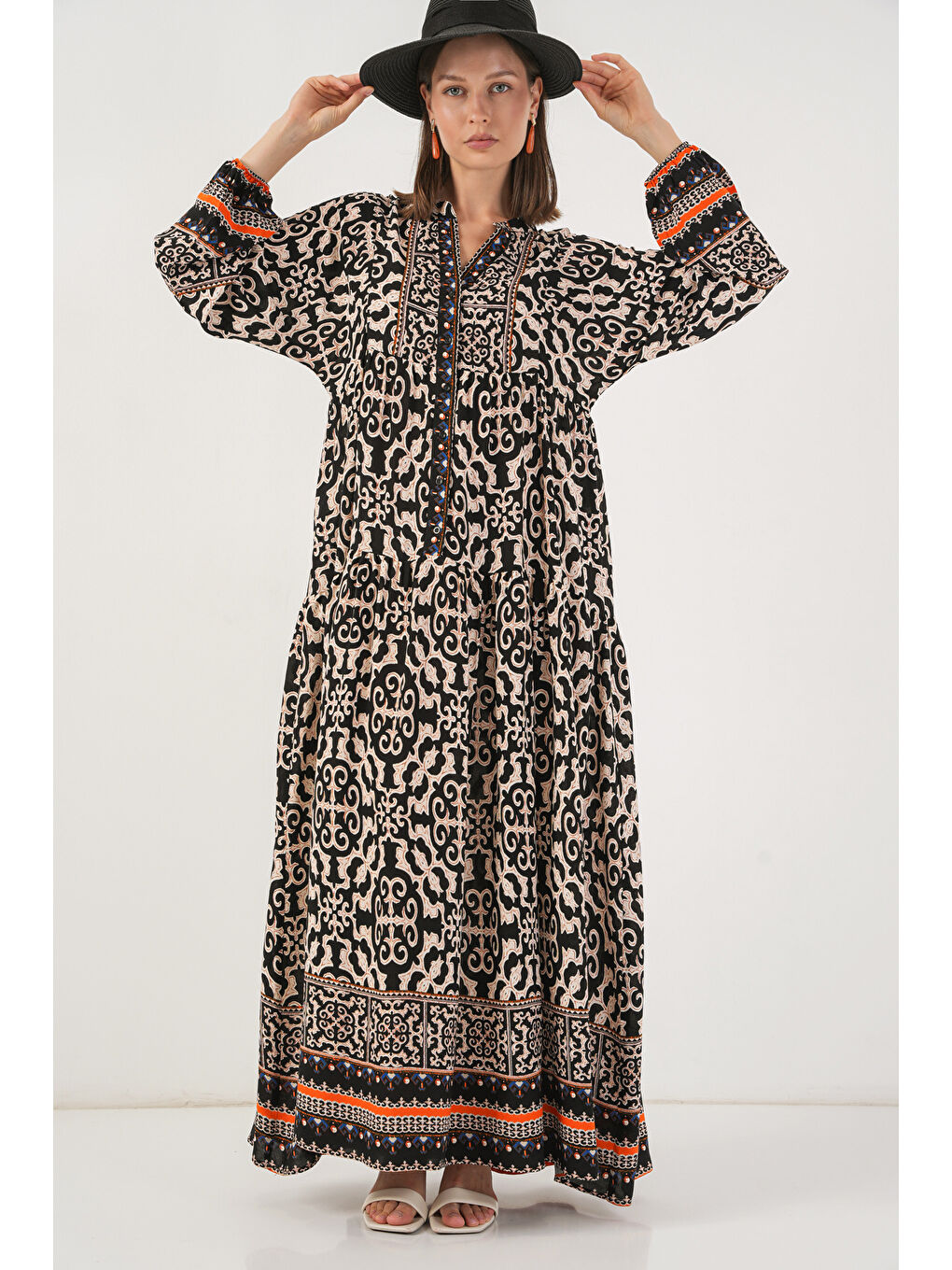 Kadın Desenli Uzun Tesettür Elbise 2585 - C.Siyah-3