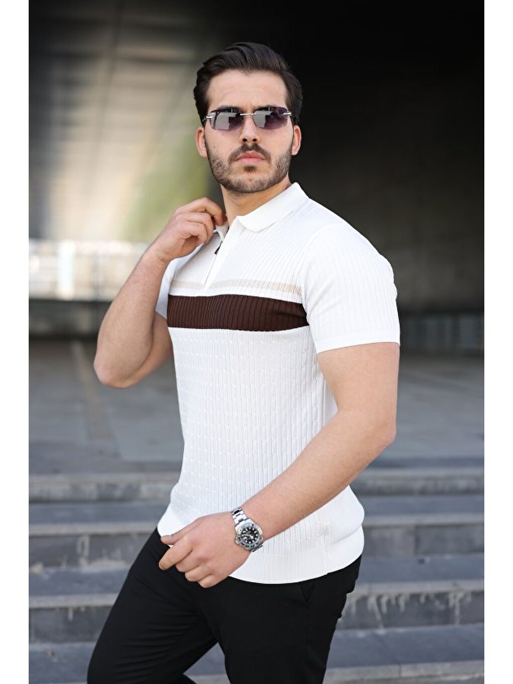 Beyaz Erkek Örgü Desenli Renkli Kısa Kollu Triko Tişört-1