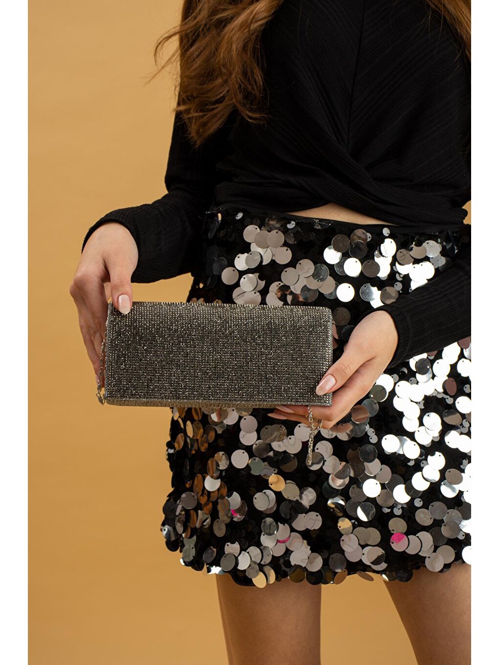 Gri Parlak Taşlı Abiye Clutch Portföy Kadın Gece Çantası BAG255-23