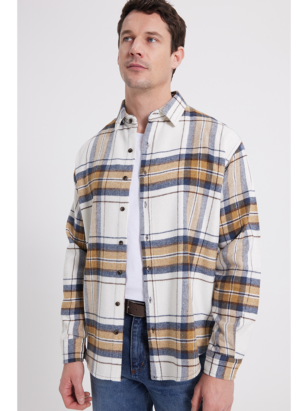 Ekru Erkek Relax Fit Rahat Kesim Kışlık Kareli Oduncu Gömlek-6