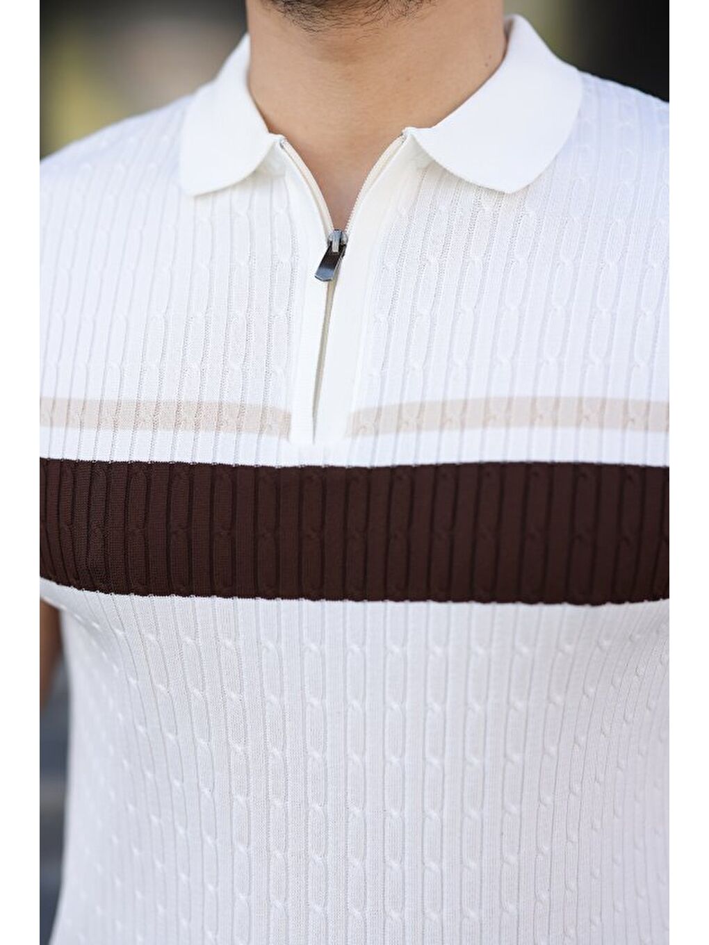 Beyaz Erkek Örgü Desenli Renkli Kısa Kollu Triko Tişört-2