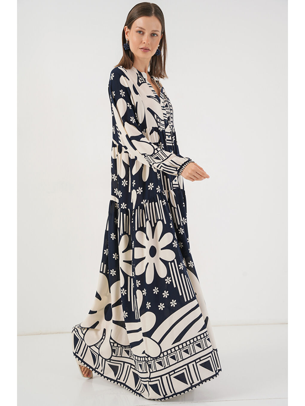 Kadın Desenli Uzun Tesettür Elbise 2585 - L. Lacivert-2