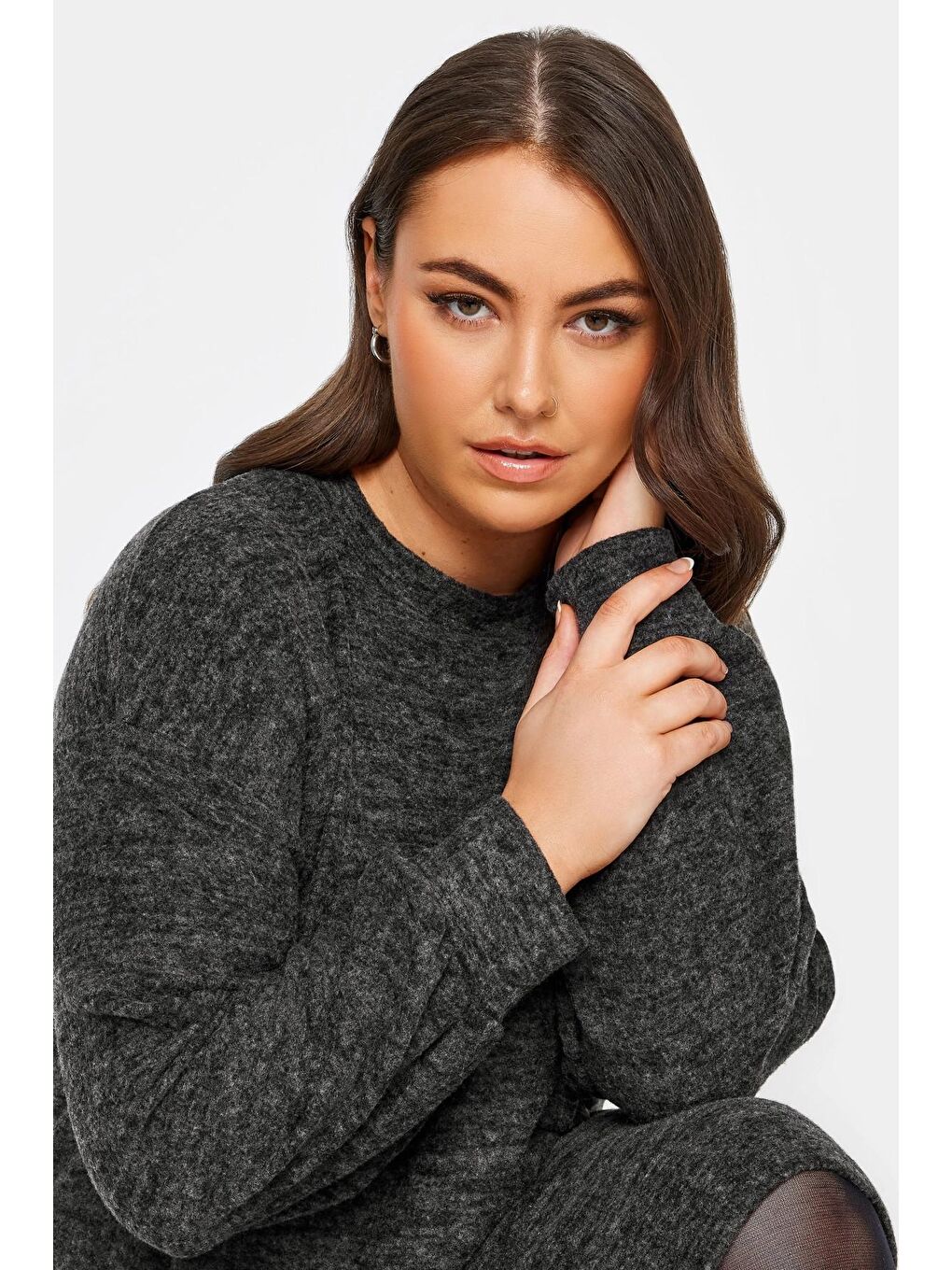 Stil Diva Gri Büyük Beden Bisiklet Yaka Uzun Kollu Yumuşak Dokulu Elbise 321598 - 1