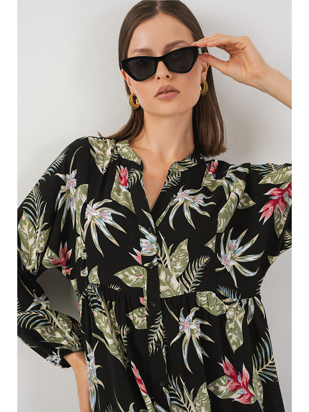 Kadın Desenli Uzun Tesettür Elbise 2585 - K. Siyah-1