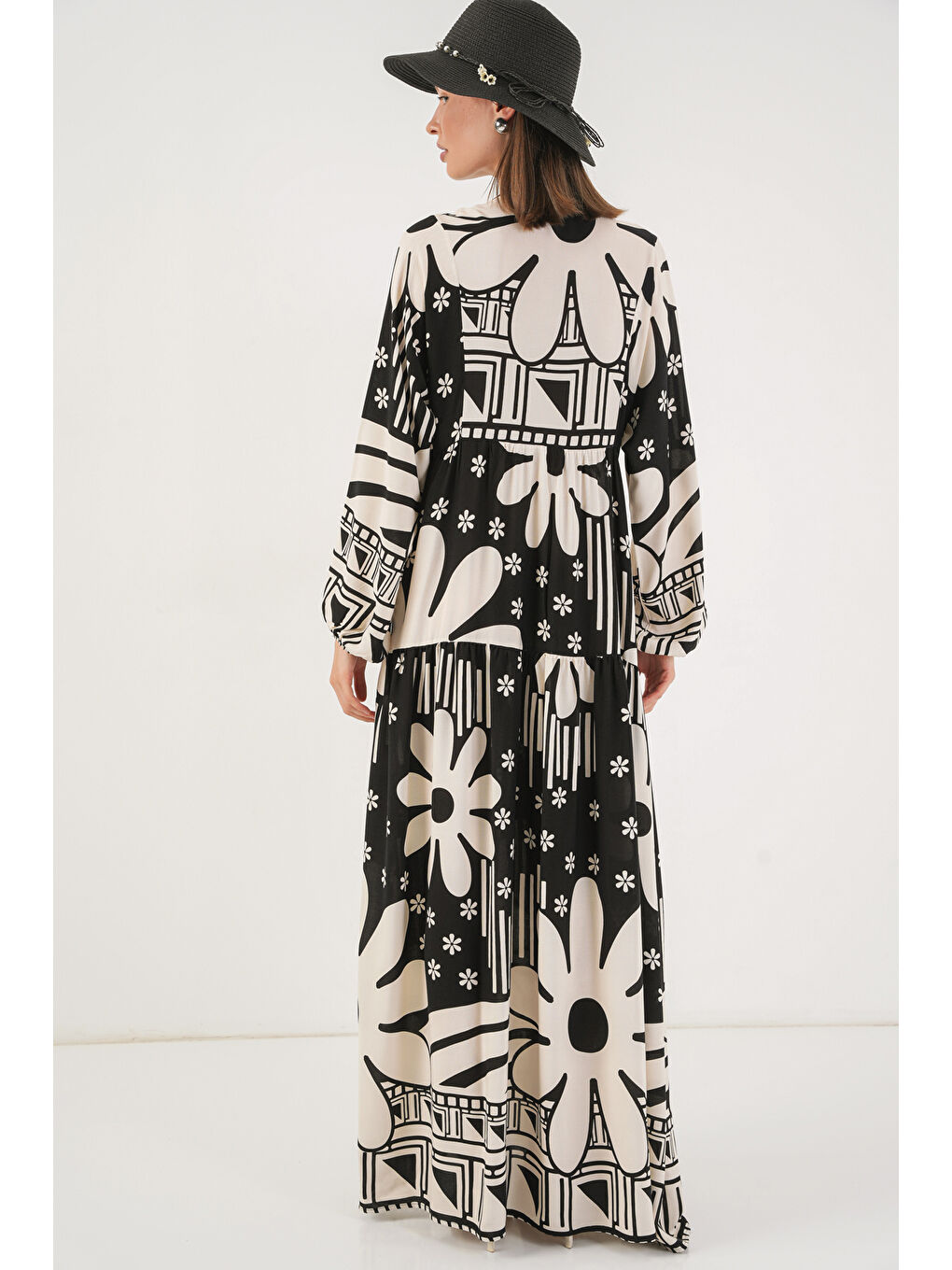 Kadın Desenli Uzun Tesettür Elbise 2585 - D. Siyah-5