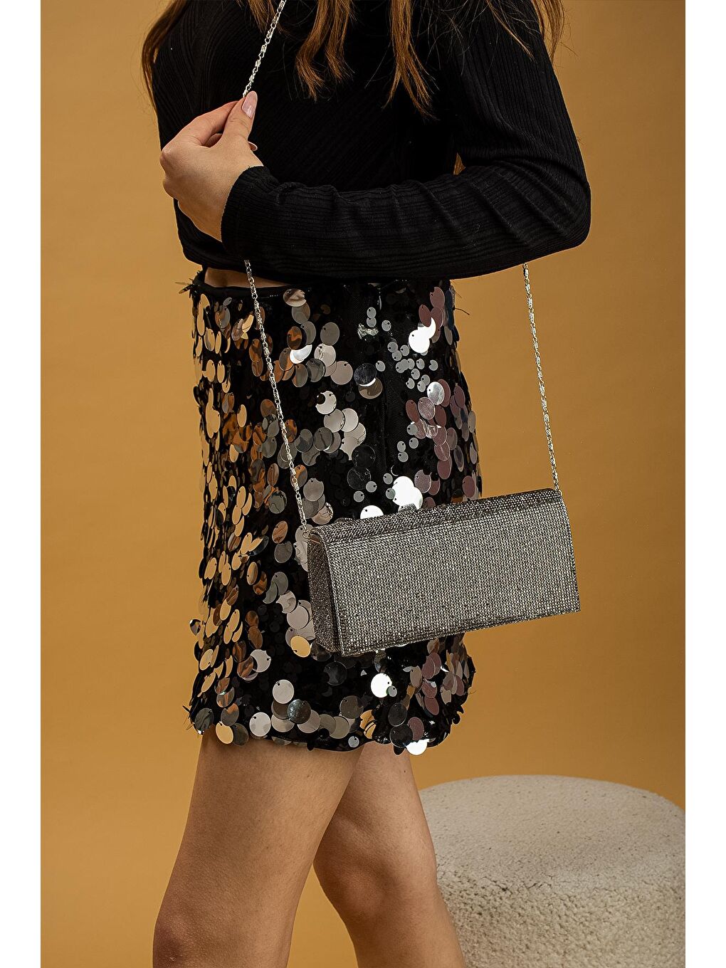 Gri Parlak Taşlı Abiye Clutch Portföy Kadın Gece Çantası BAG255-23-1