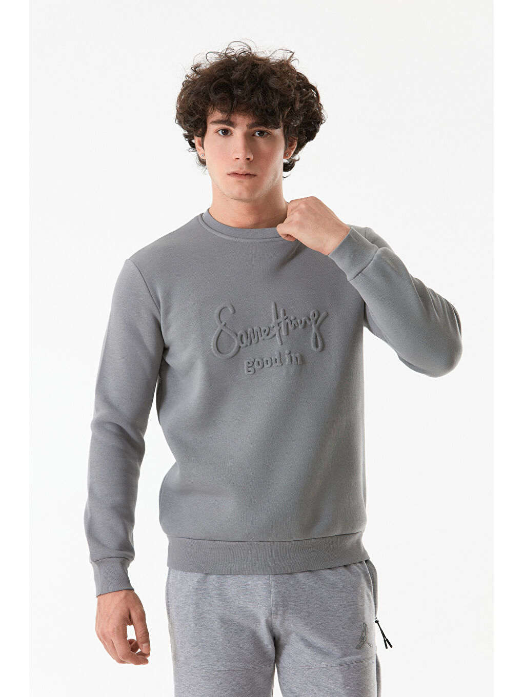 Fullamoda Gri Kabartmalı Bisiklet Yaka Sweatshirt