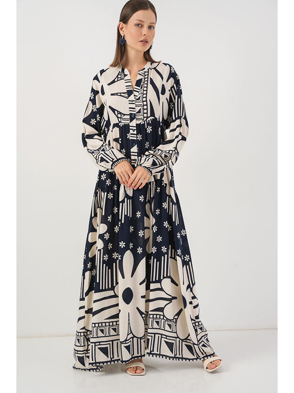 Kadın Desenli Uzun Tesettür Elbise 2585 - L. Lacivert-3