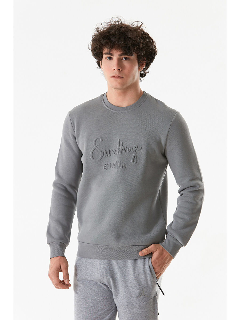 Fullamoda Gri Kabartmalı Bisiklet Yaka Sweatshirt - 1