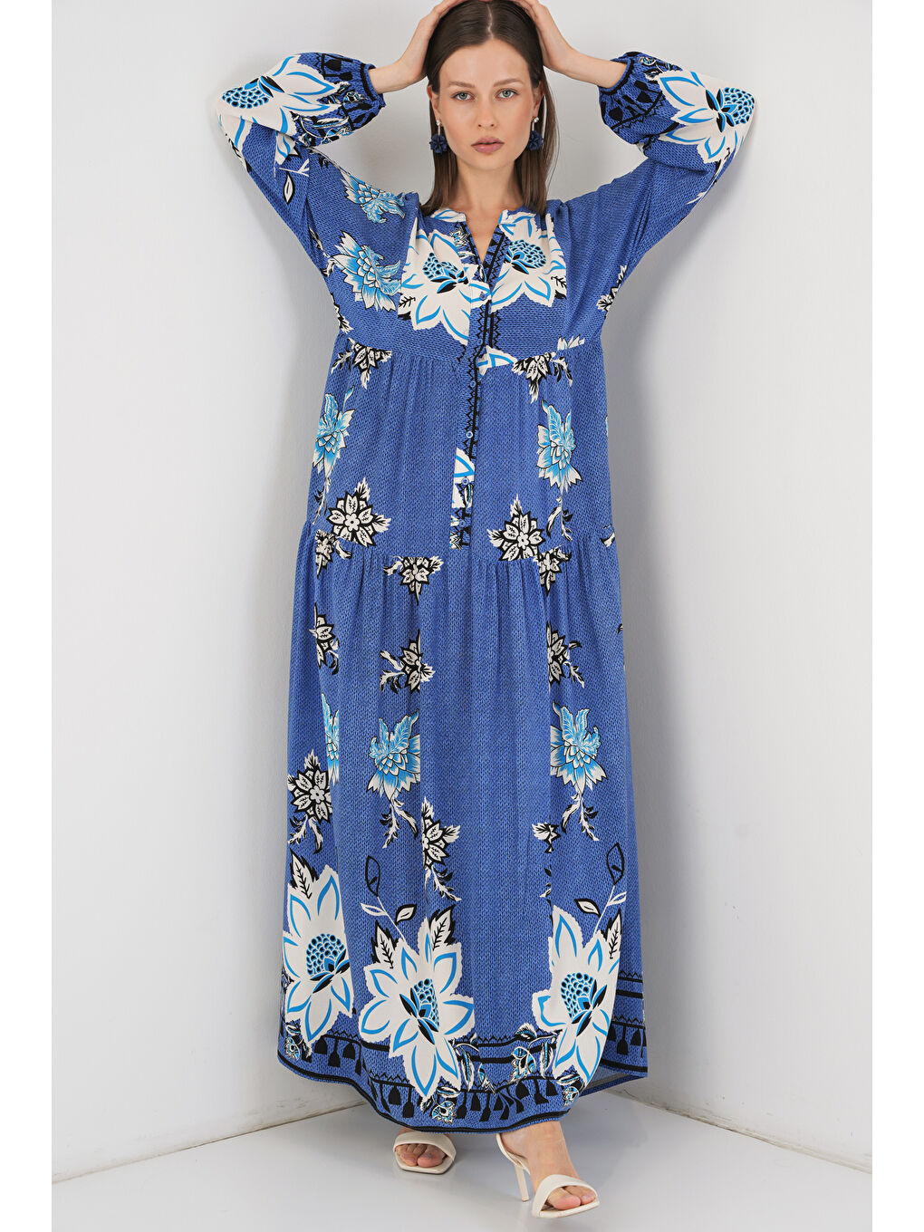 Bej Kadın Desenli Uzun Tesettür Elbise 2585 - B.Mavi-2