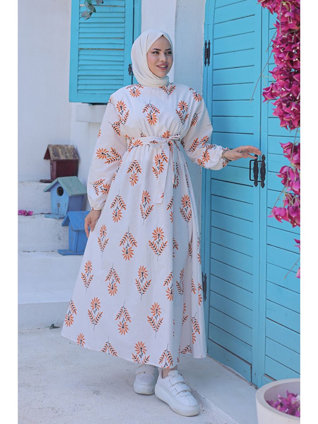 Desenli Kolu Büzgülü Elbise Turuncu - 26622-1