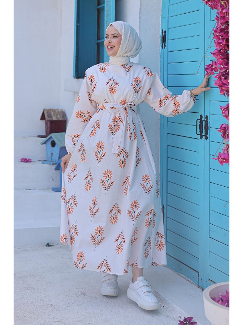 Desenli Kolu Büzgülü Elbise Turuncu - 26622-2