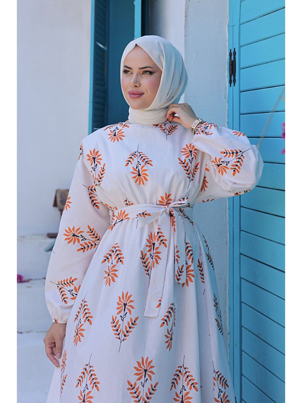 Desenli Kolu Büzgülü Elbise Turuncu - 26622-3