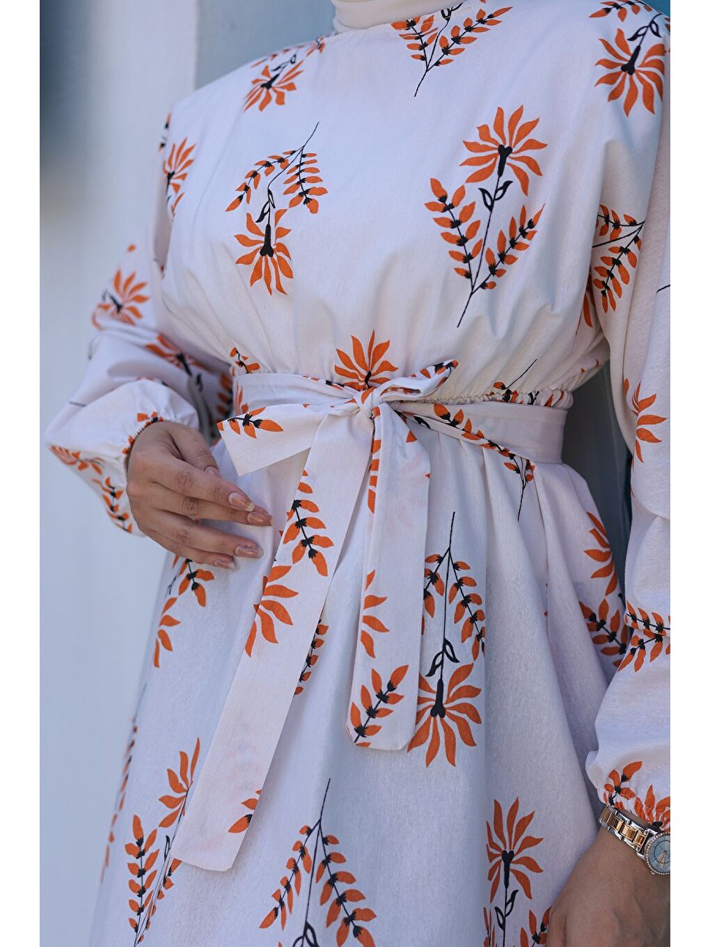 Desenli Kolu Büzgülü Elbise Turuncu - 26622-4