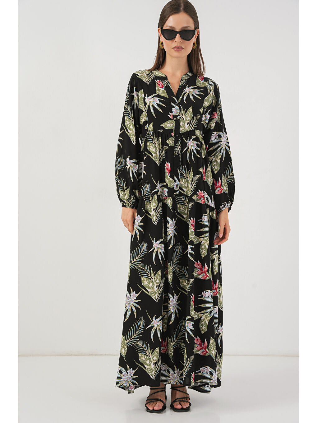 Kadın Desenli Uzun Tesettür Elbise 2585 - K. Siyah-2