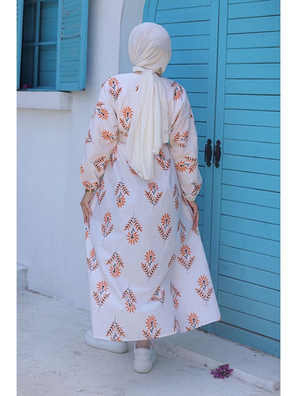 Desenli Kolu Büzgülü Elbise Turuncu - 26622-5