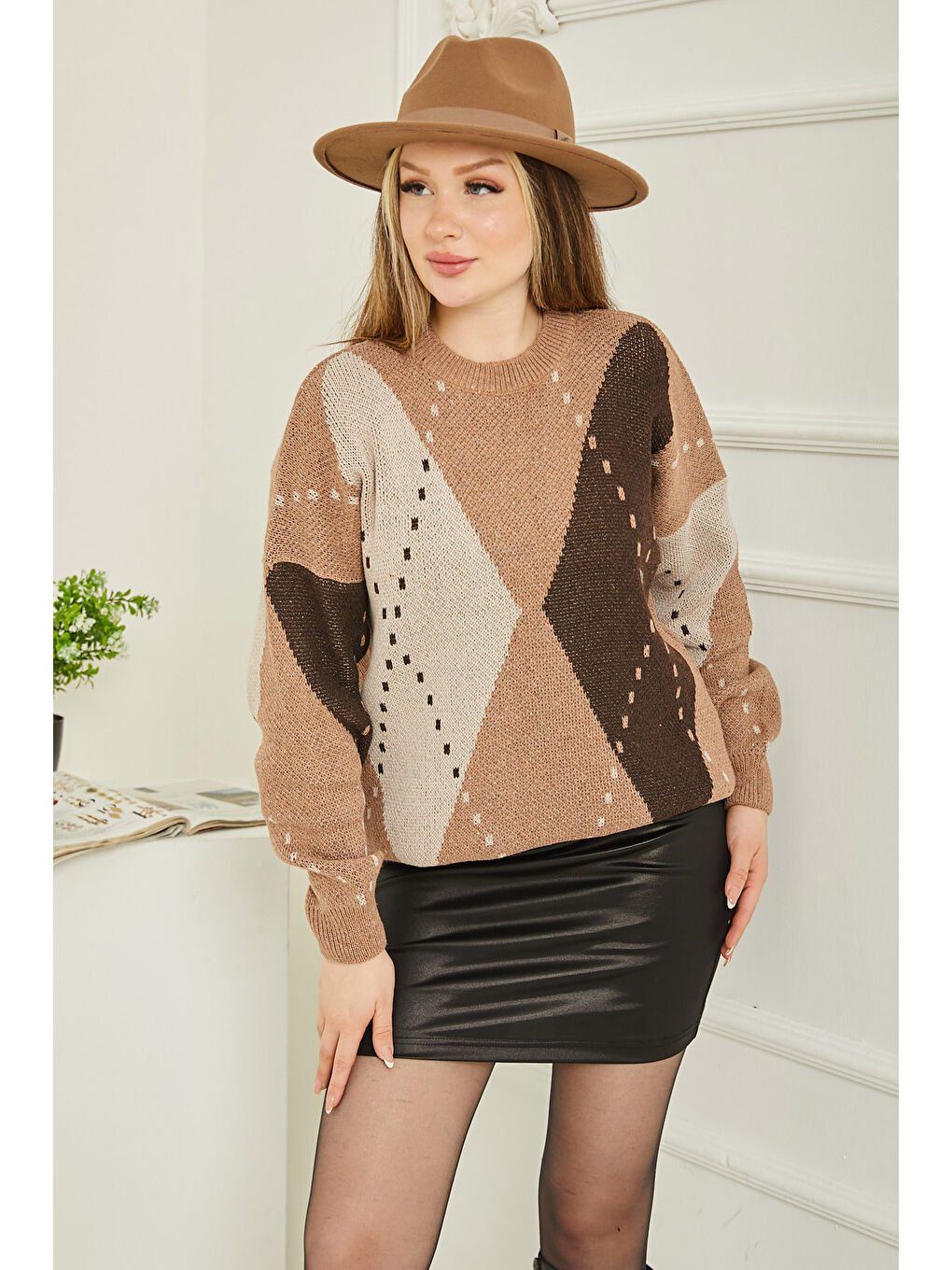 Bej Kadın Bisiklet Yaka Baklava Desen Triko Kazak Vizon - 26599-2