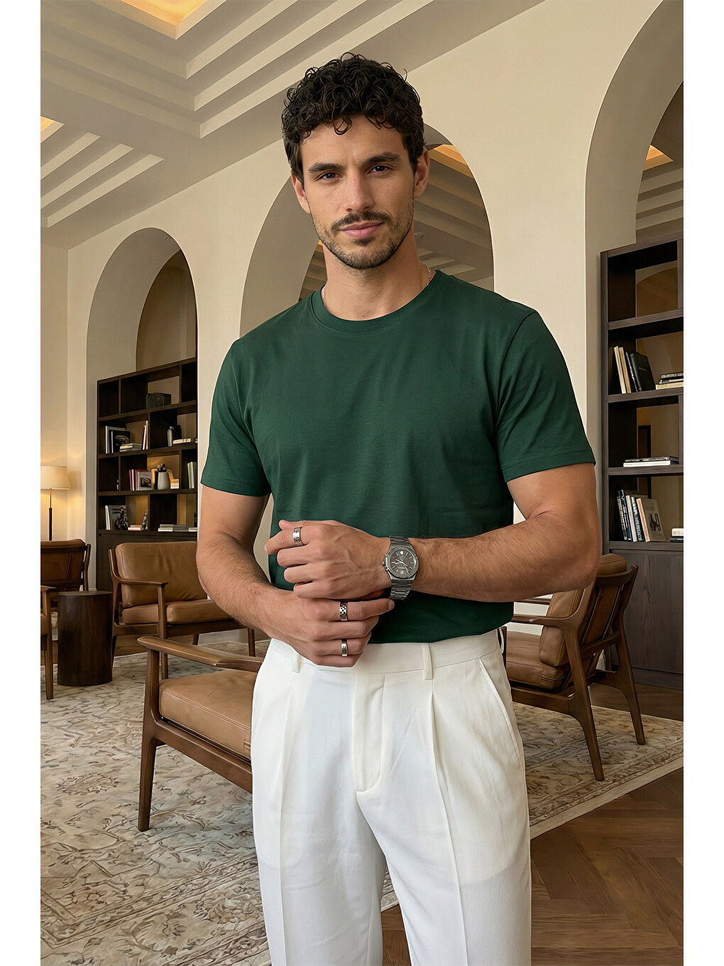 Yeşil Erkek Regular Fit Yüksek Kalite %100 Pamuk Basic Tişört 24/1-5