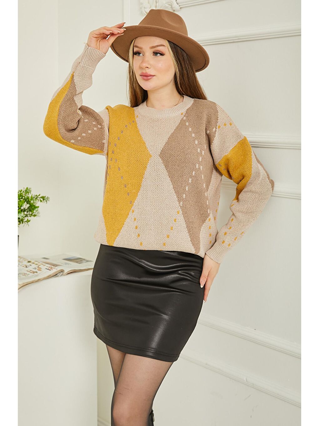 Bej Kadın Bisiklet Yaka Baklava Desen Triko Kazak Vizon - 26599-5