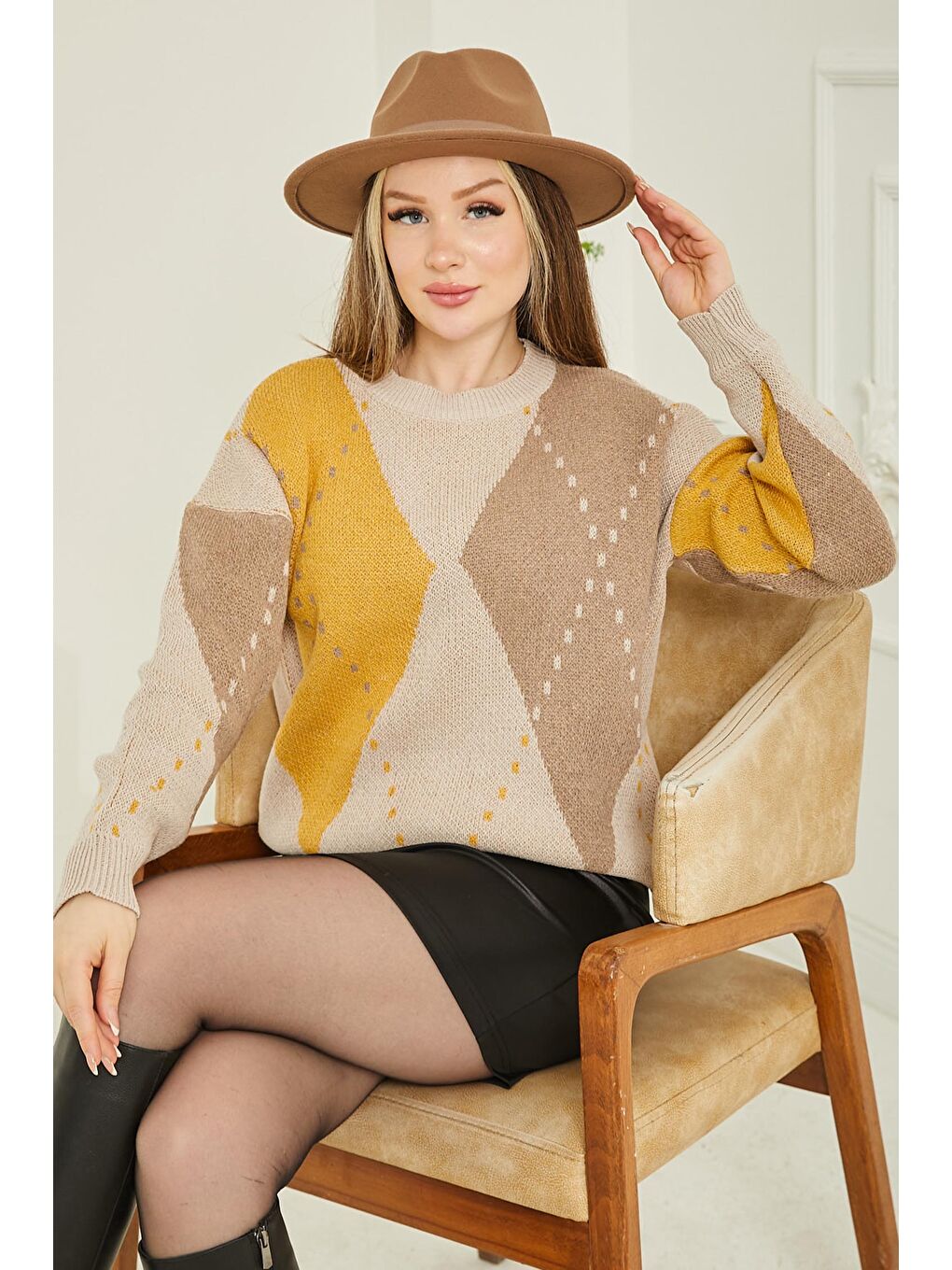 Bej Kadın Bisiklet Yaka Baklava Desen Triko Kazak Vizon - 26599-7