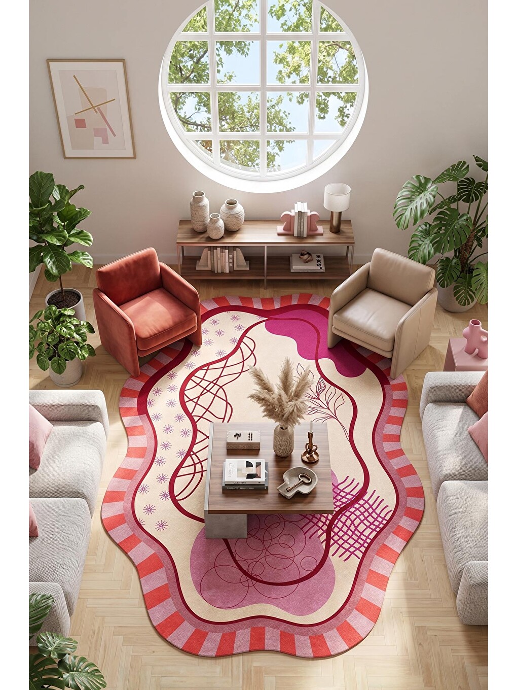 Pembe Modern Dekoratif Halı – Makinada Yıkanabilir, Kaymaz Taban, İnce Lazer Kesim Halı-2