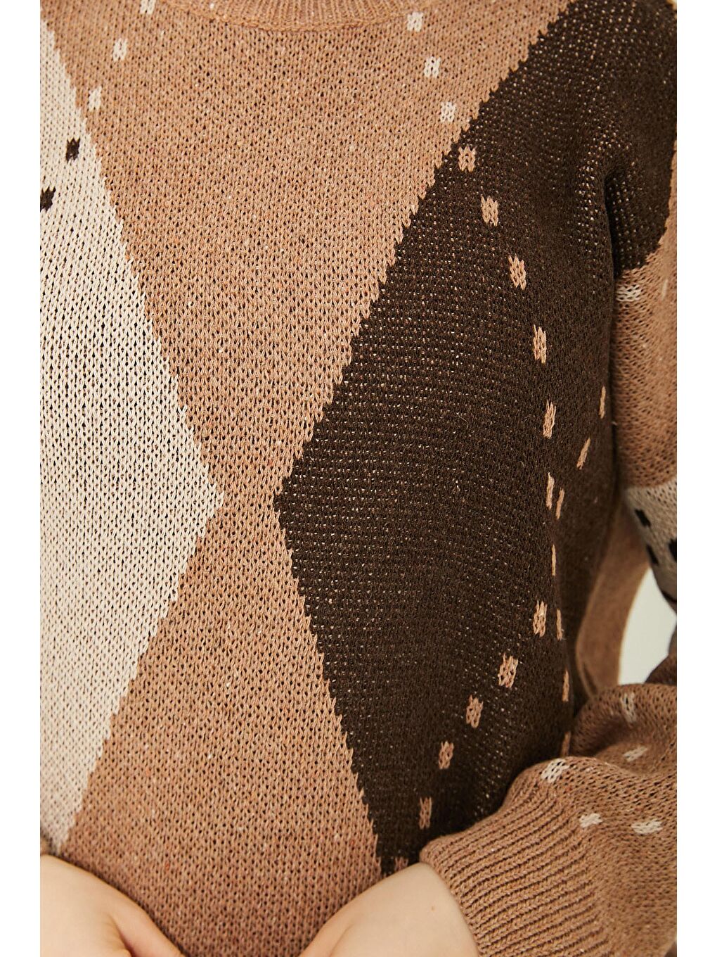 Bej Kadın Bisiklet Yaka Baklava Desen Triko Kazak Vizon - 26599-9