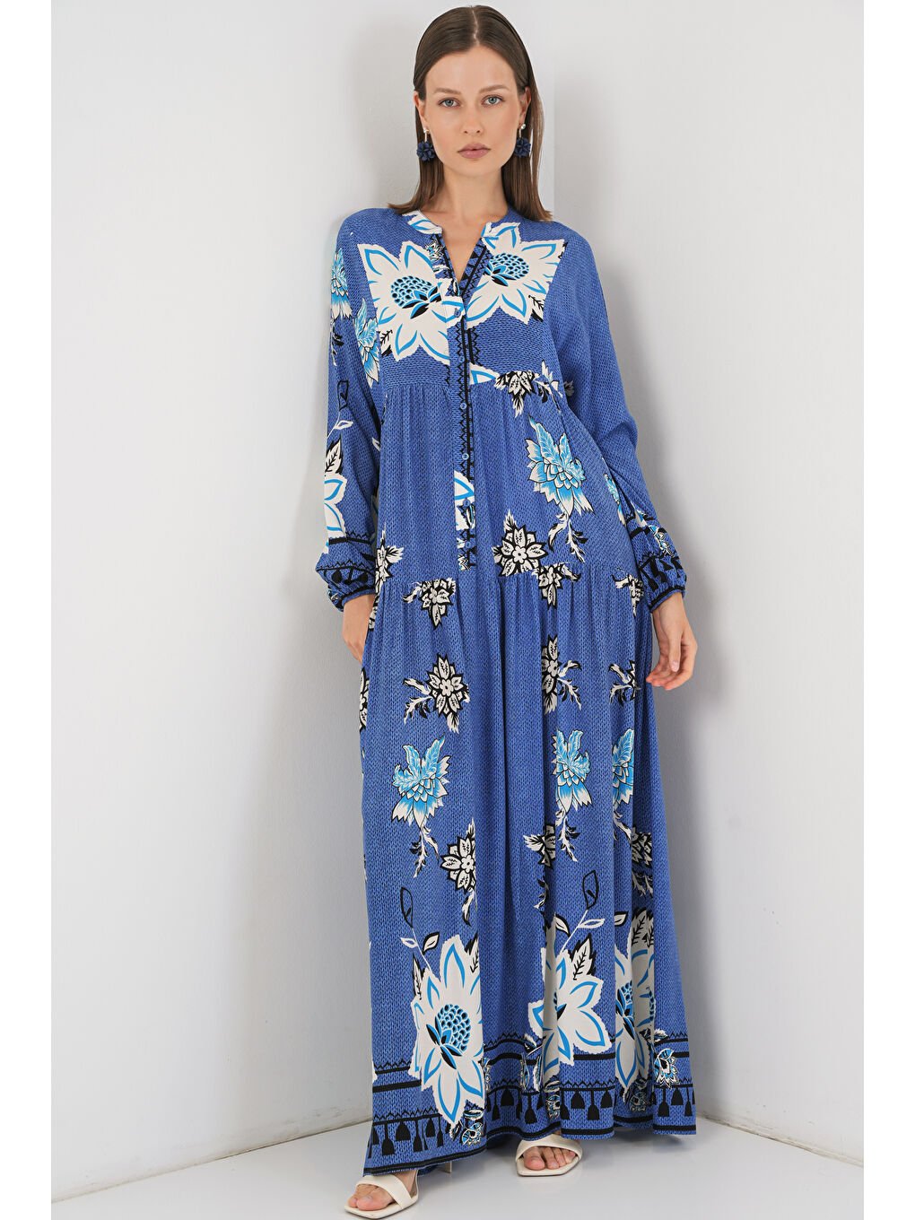 Bej Kadın Desenli Uzun Tesettür Elbise 2585 - B.Mavi-3