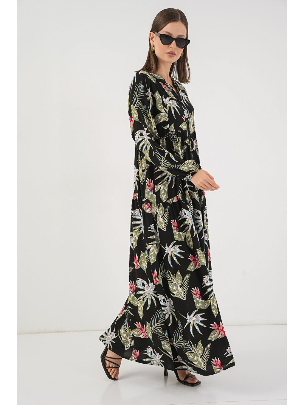 Kadın Desenli Uzun Tesettür Elbise 2585 - K. Siyah-3