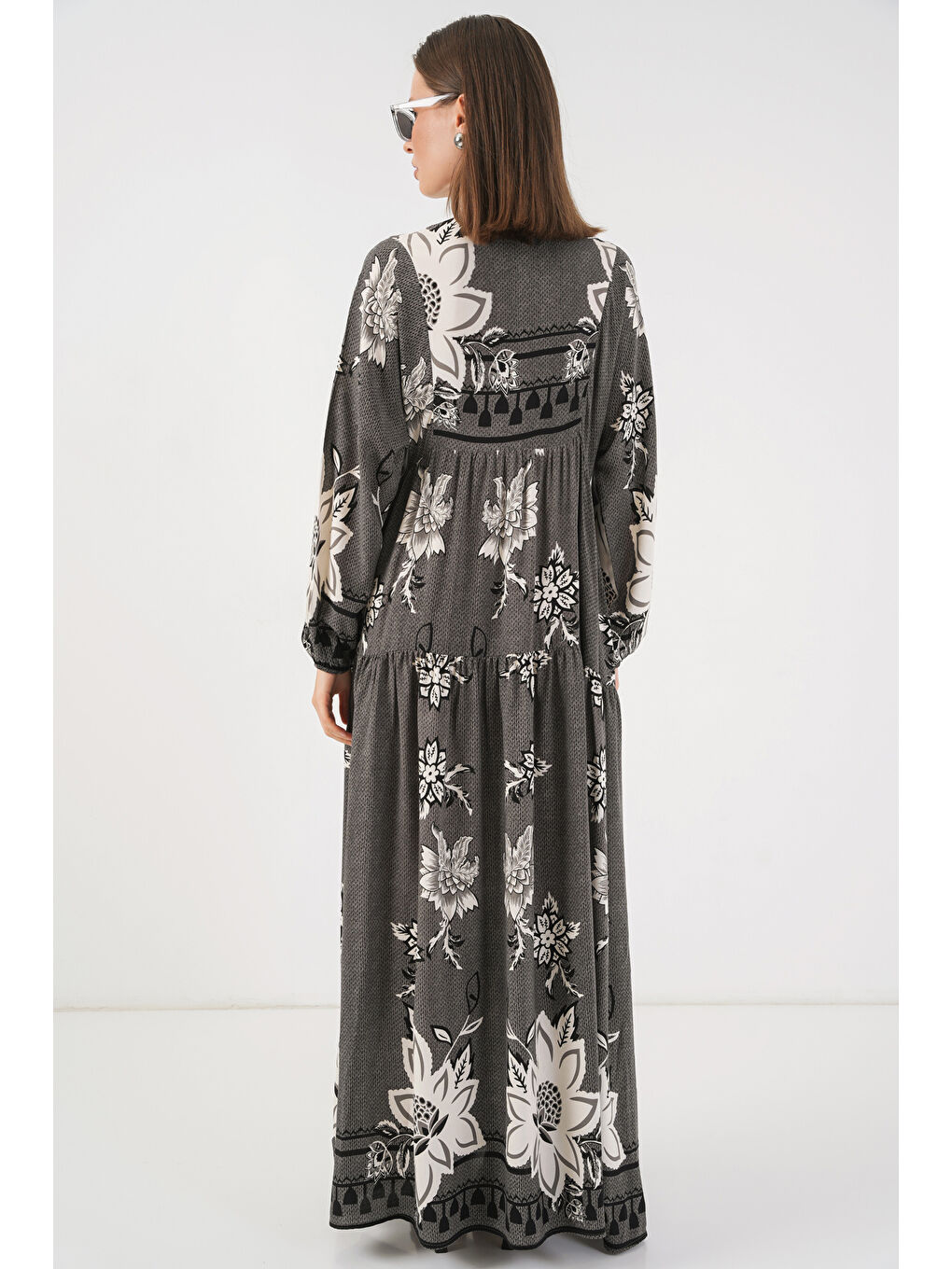 Kadın Desenli Uzun Tesettür Elbise 2585 - Antrasit-5