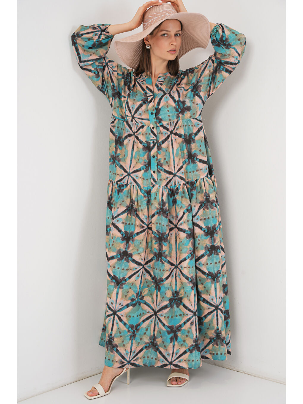 Yeşil Kadın Desenli Uzun Tesettür Elbise 2585 - D. Mint