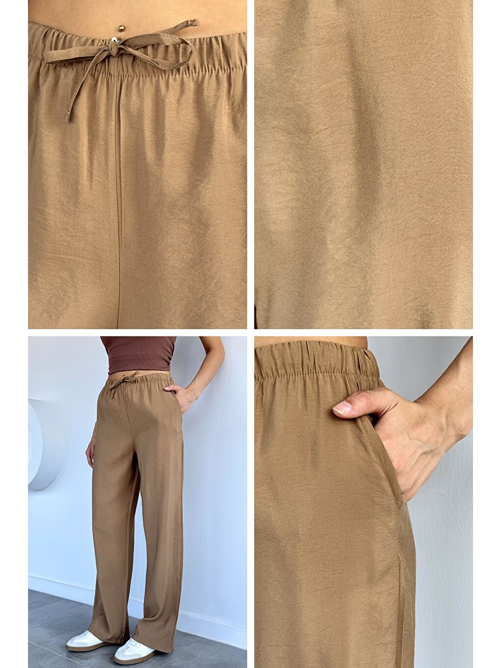 Kahverengi Kadın Bel Lastikli Lyocell Kumaş Pantolon-1
