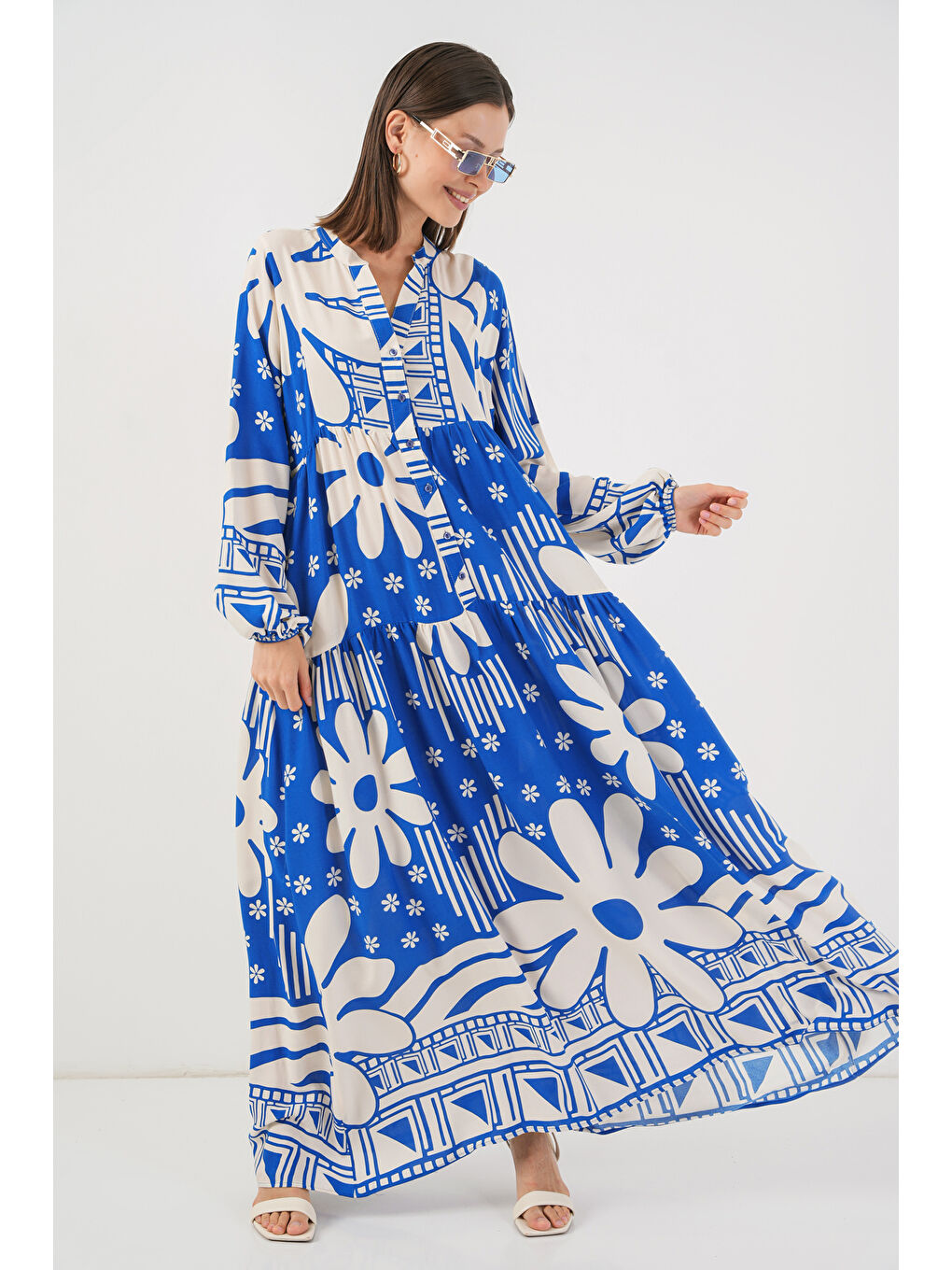 Kadın Desenli Uzun Tesettür Elbise 2585 - Mavi-1