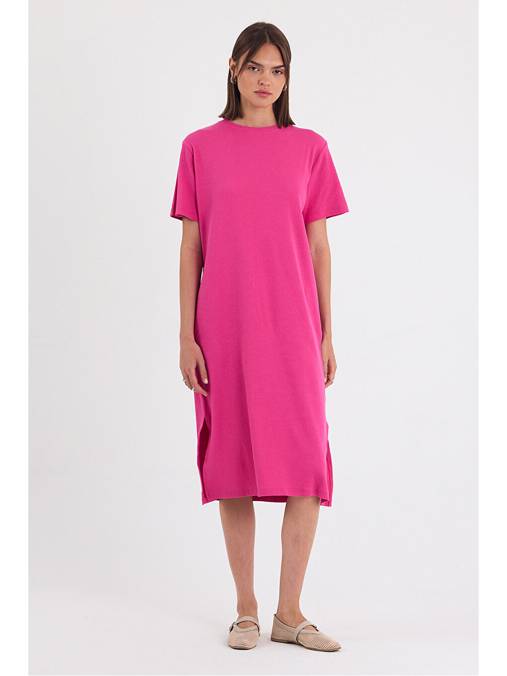 Kadın Kısa Kol Fuşya Elbise-1