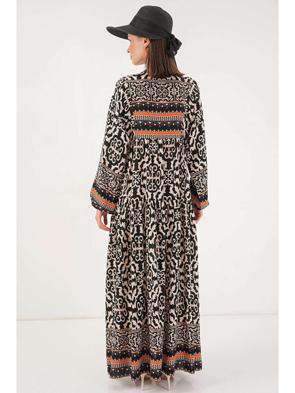 Kadın Desenli Uzun Tesettür Elbise 2585 - C.Siyah-5